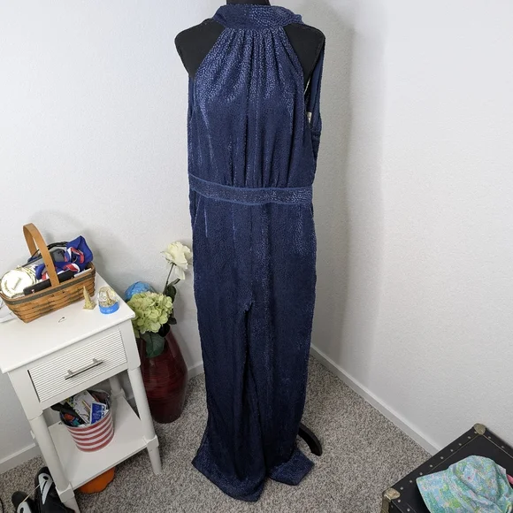 💘 Anthropologie Elevenses Blue Halter Jumpsuit - Picture 3 of 7